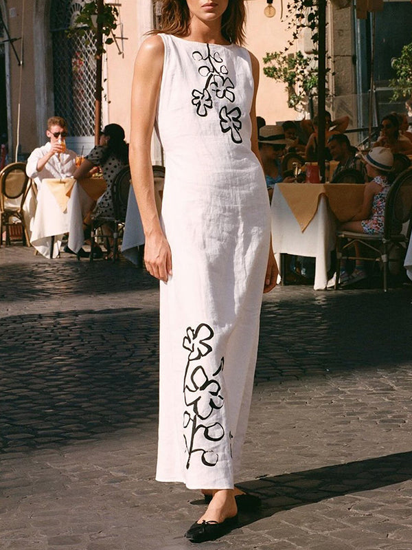 Loose Sleeveless Flower Print Tied Waist Round-Neck Maxi Dresses