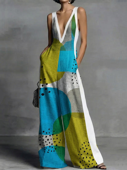 Loose Sleeveless Contrast Color Pockets Polka-Dot Printed Split-Joint Deep V-Neck Jumpsuits