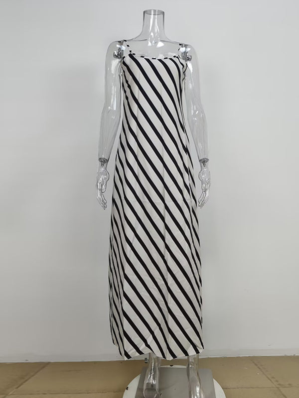 High Waisted Loose Striped Spaghetti-Neck Maxi Dresses
