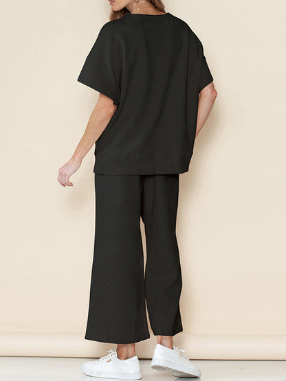 Loose Short Sleeves Solid Color Round-Neck T-Shirt Top + Drawstring Elasticity Pockets Pants Botttom Two Pieces Set