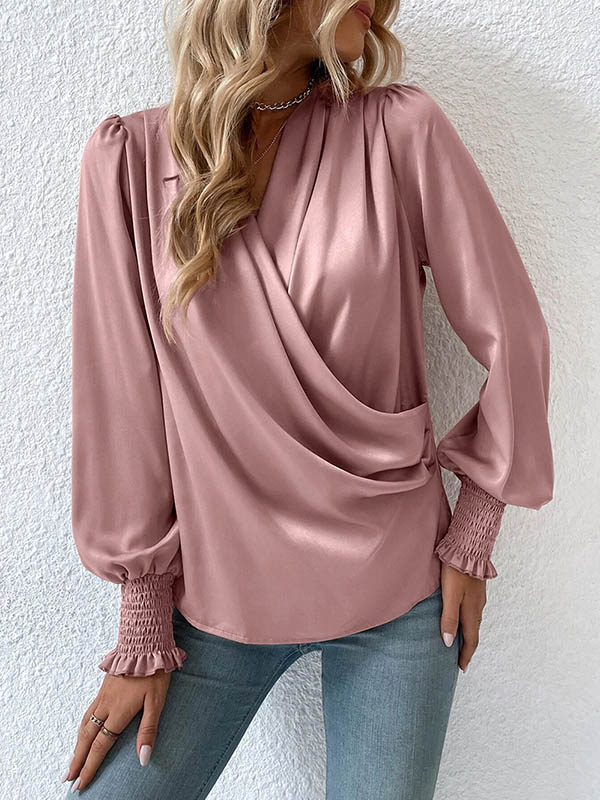 Long Sleeves Loose Elasticity Solid Color V-Neck Blouses&Shirts Tops