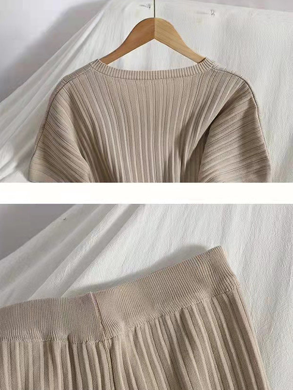 Loose Knitting Raglan Sleeve Solid Color V-Neck Sweater Top + Pants Two Pieces Set