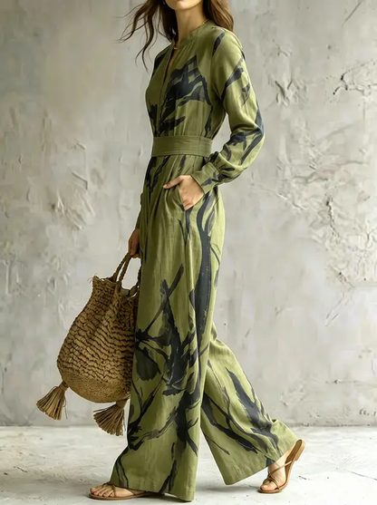 Zipper Printed Pockets Contrast Color Wide Leg Loose V-neck Jumpsuits