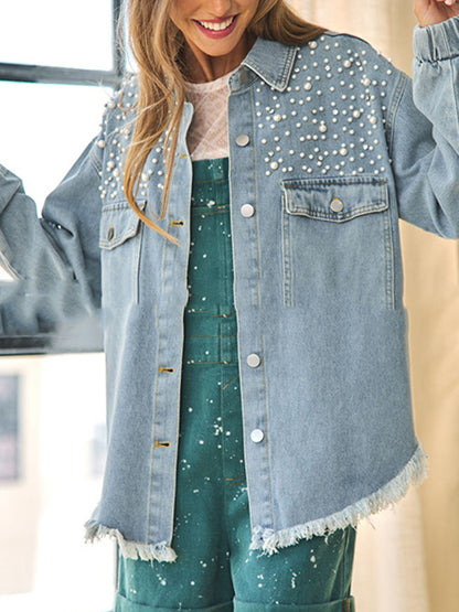 High-Low Long Sleeves Fringed Split-Joint Lapel Denim Jackets