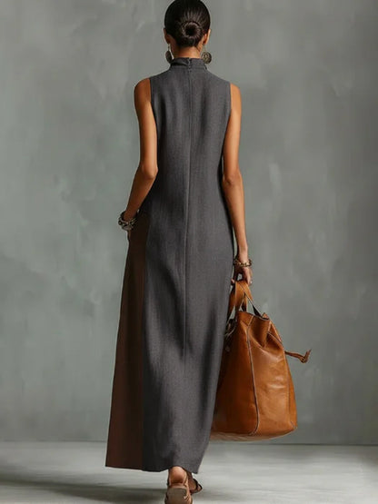 Loose Sleeveless Asymmetric Contrast Color Pockets Split-Joint Mock Neck Maxi Dresses