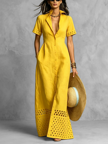 High Waisted Loose Buttoned Elasticity Hollow Pockets Solid Color Split-Front Lapel Maxi Dresses