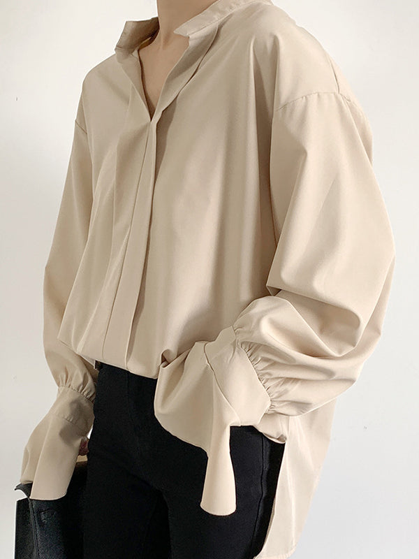 Flared Sleeves High-Low Buttoned Solid Color Split-Side V-Neck Blouses&Shirts Tops