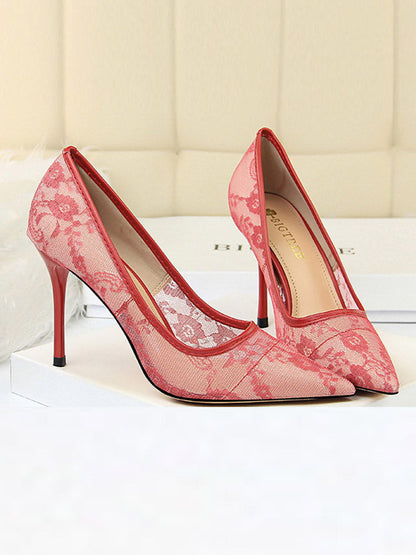 Flower Print Hollow Pointed-Toe Split-Joint Pumps