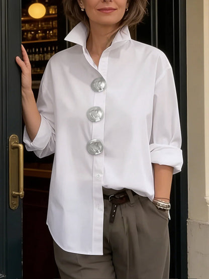 Long Sleeves Loose Buttoned Solid Color Split-Joint Lapel Blouses&Shirts Tops