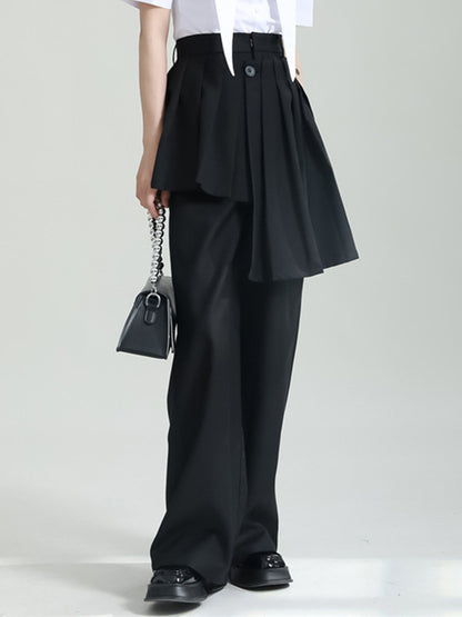 False Two High Waisted Asymmetric Pleated Solid Color Suit Pants
