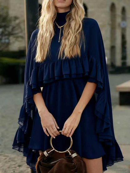 High Waisted Sleeveless Pleated Ruffled Solid Color Split-Joint Tied Mock Neck Mini Dresses Two Pieces Set
