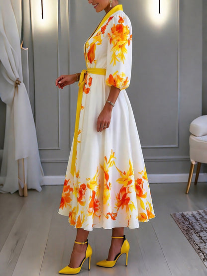 Loose Puff Sleeves Contrast Color Elasticity Flower Print Tied Waist Deep V-Neck Midi Dresses