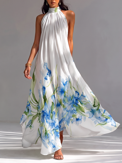 Split-Joint Printed Pleated Contrast Color Sleeveless Loose Stand Collar Maxi Dresses