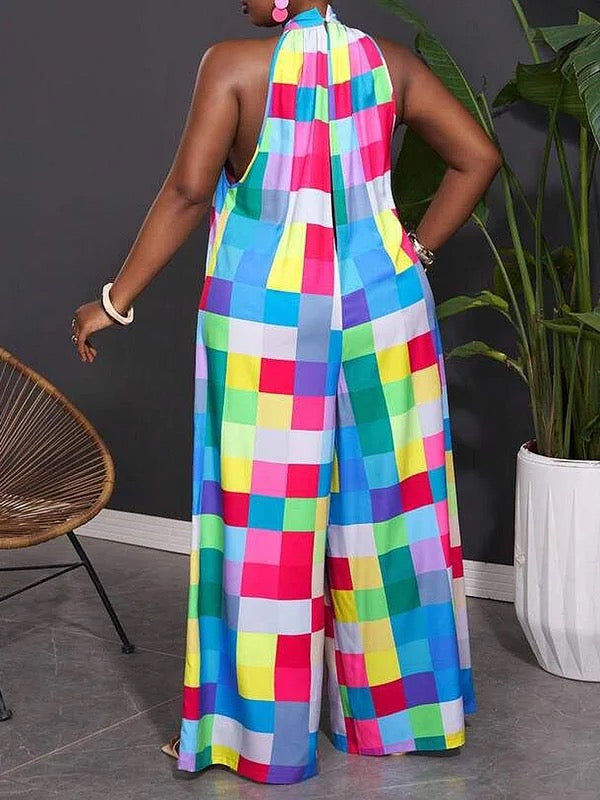 Loose Sleeveless Contrast Color Plaid Pleated Halter-Neck Jumpsuits