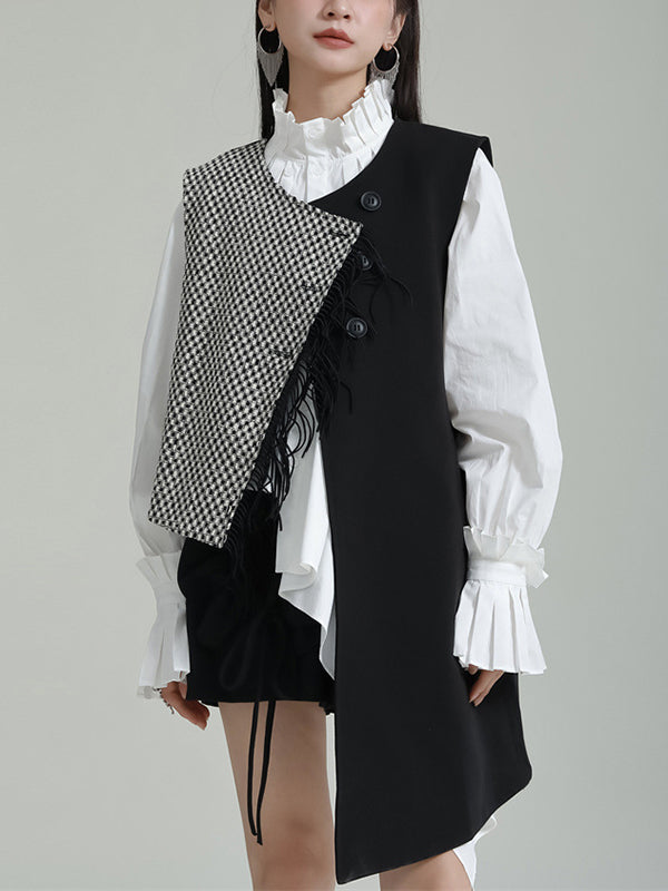 Ruffle Sleeves Sleeveless Asymmetric Buttoned Houndstooth Vest Outerwear