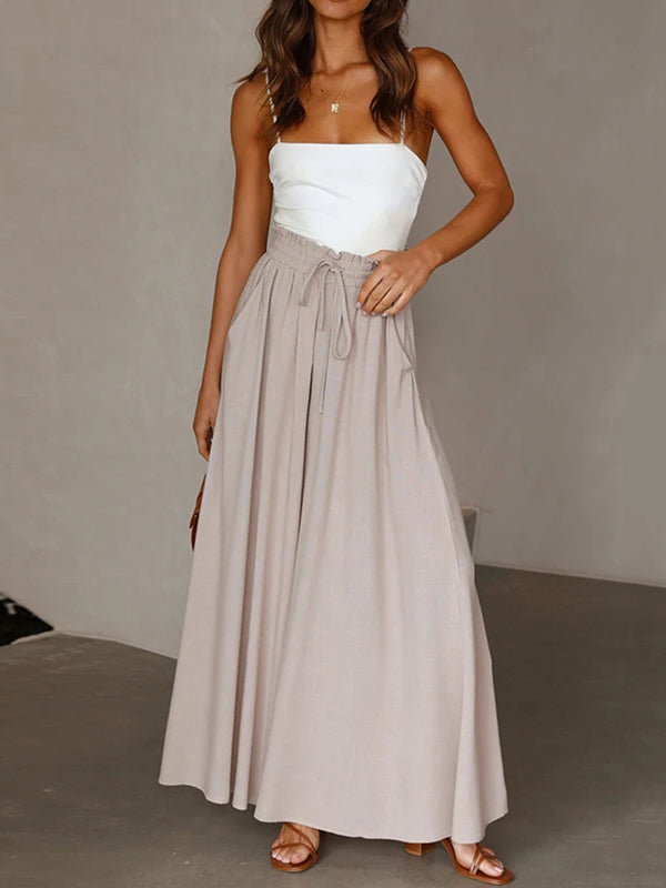 High Waisted Loose Drawstring Elasticity Pleated Pockets Solid Color Pants Trousers