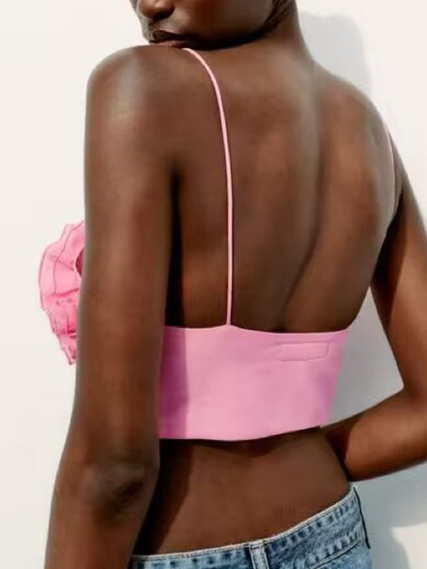 Sleeveless Backless Heart Shape Solid Color Spaghetti-Neck Vest Top