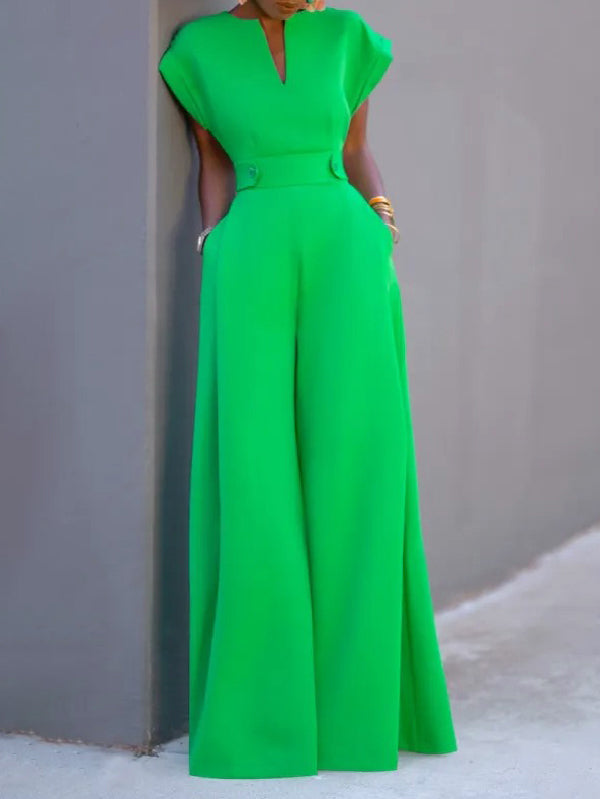 Cap Sleeve Wide Leg Solid Color Jumpsuits