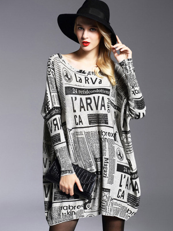 Vintage Loose One-Shoulder Newspaper Printed Split-Joint Sweater