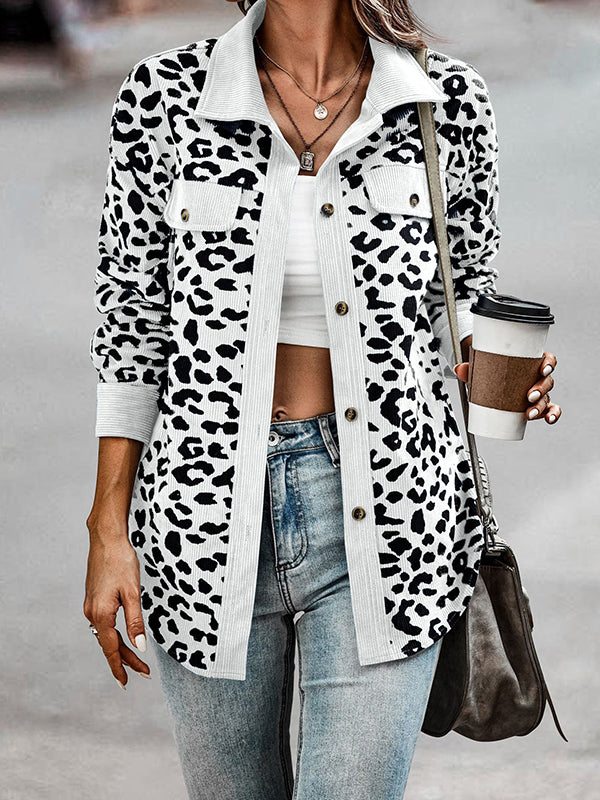 Long Sleeves Loose Buttoned Leopard Pockets Split-Joint Lapel Jackets Outerwear