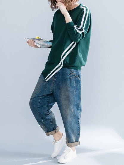 Cropped Long Sleeves Striped Round-Neck Hoodies&Sweatshirt