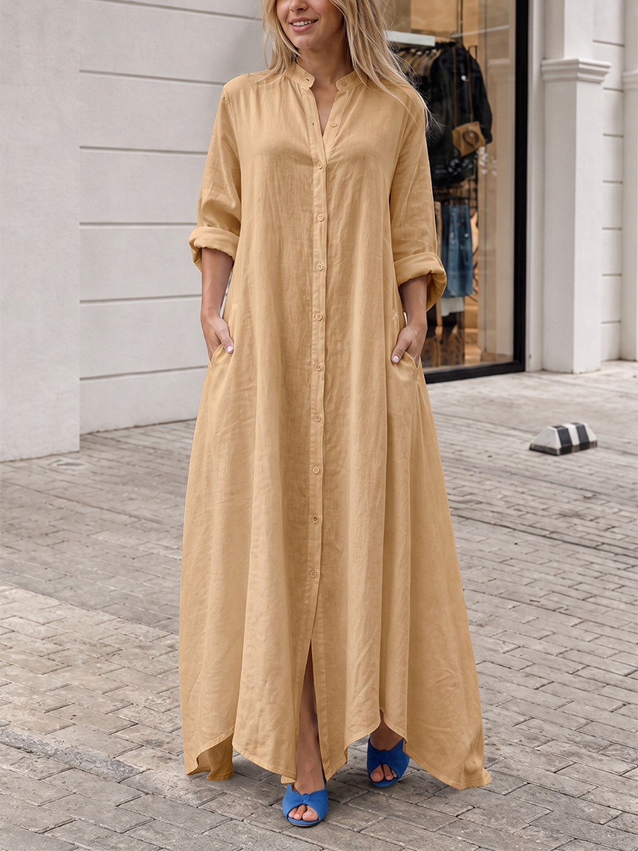 Solid Color Pockets Buttoned Loose Long Sleeves Lapel Maxi Dresses