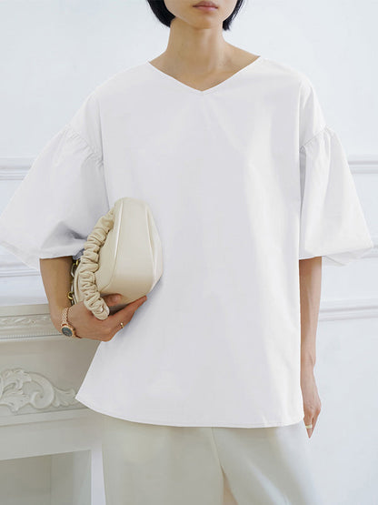 Half Sleeves Loose Solid Color V-Neck Blouses&Shirts Tops