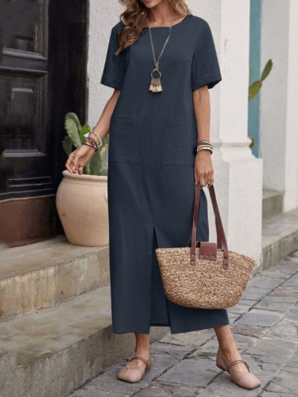 High Waisted Loose Pockets Solid Color Split-front Round-neck Midi Dresses