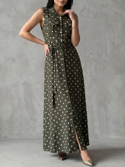 Sleeveless Belted Buttoned Contrast Color Pockets Polka Dot Split-Front Lapel Maxi Dresses Shirt Dress