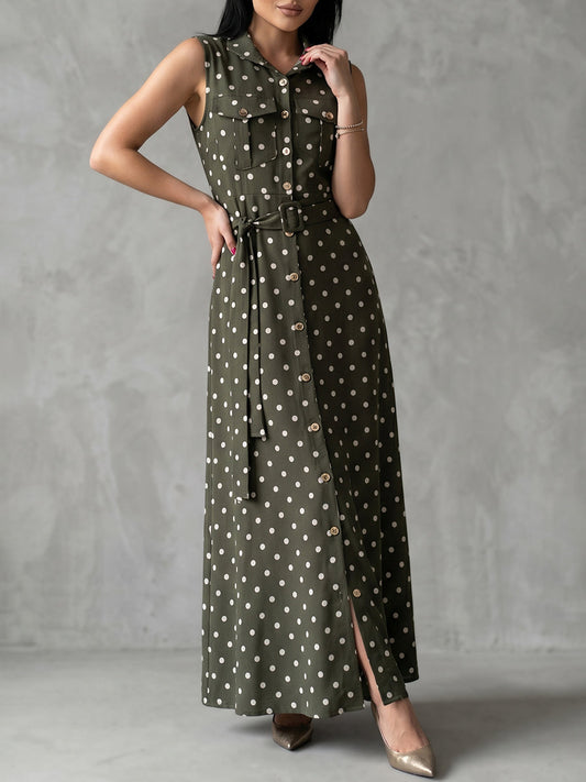 Sleeveless Belted Buttoned Contrast Color Pockets Polka Dot Split-Front Lapel Maxi Dresses Shirt Dress