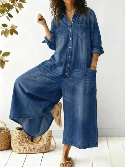 Long Sleeves Loose Buttoned Pockets Solid Color Split-Joint Lapel Jumpsuits
