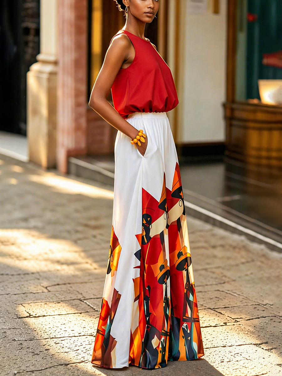 High Waisted Loose Elasticity Pockets Printed Pants Trousers
