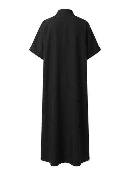 Loose Short Sleeves Buttoned Pockets Split-Joint Lapel Maxi Dresses