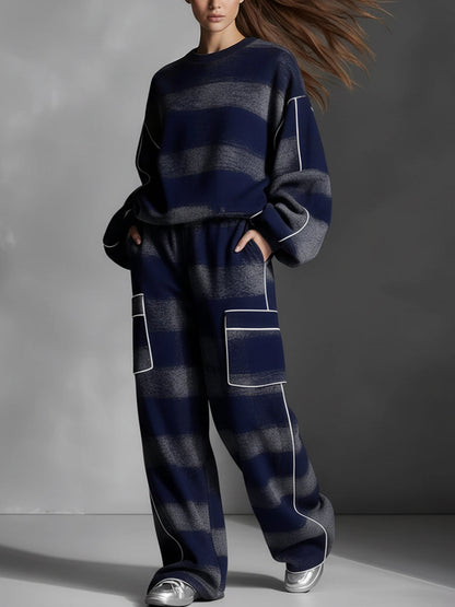 Long Sleeves Loose Contrast Color Line Split-Joint Striped Round-Neck Sweatershirt