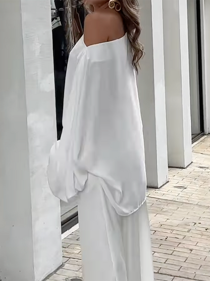Loose Solid Color Cap Sleeve Off-The-Shoulder Blouses & Pants Two Pieces Set