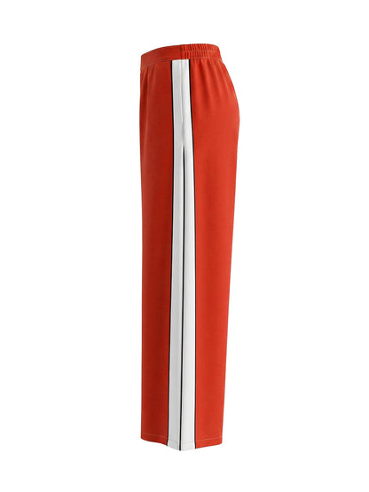 High Waisted Loose Contrast Color Pleated Pockets Split-Joint Striped Pants Trousers