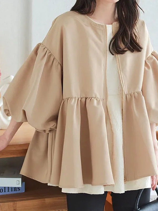 Long Sleeves Loose Elasticity Pleated Solid Color Split-Joint Zipper Round-Neck Outerwear
