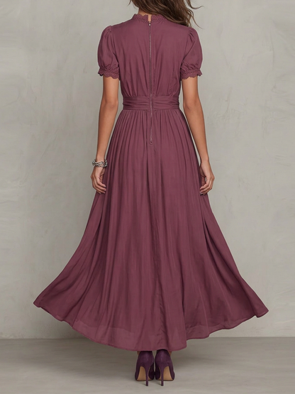 High Waisted Plus Size Buttoned Pleated Solid Color Round-neck Maxi Dresses