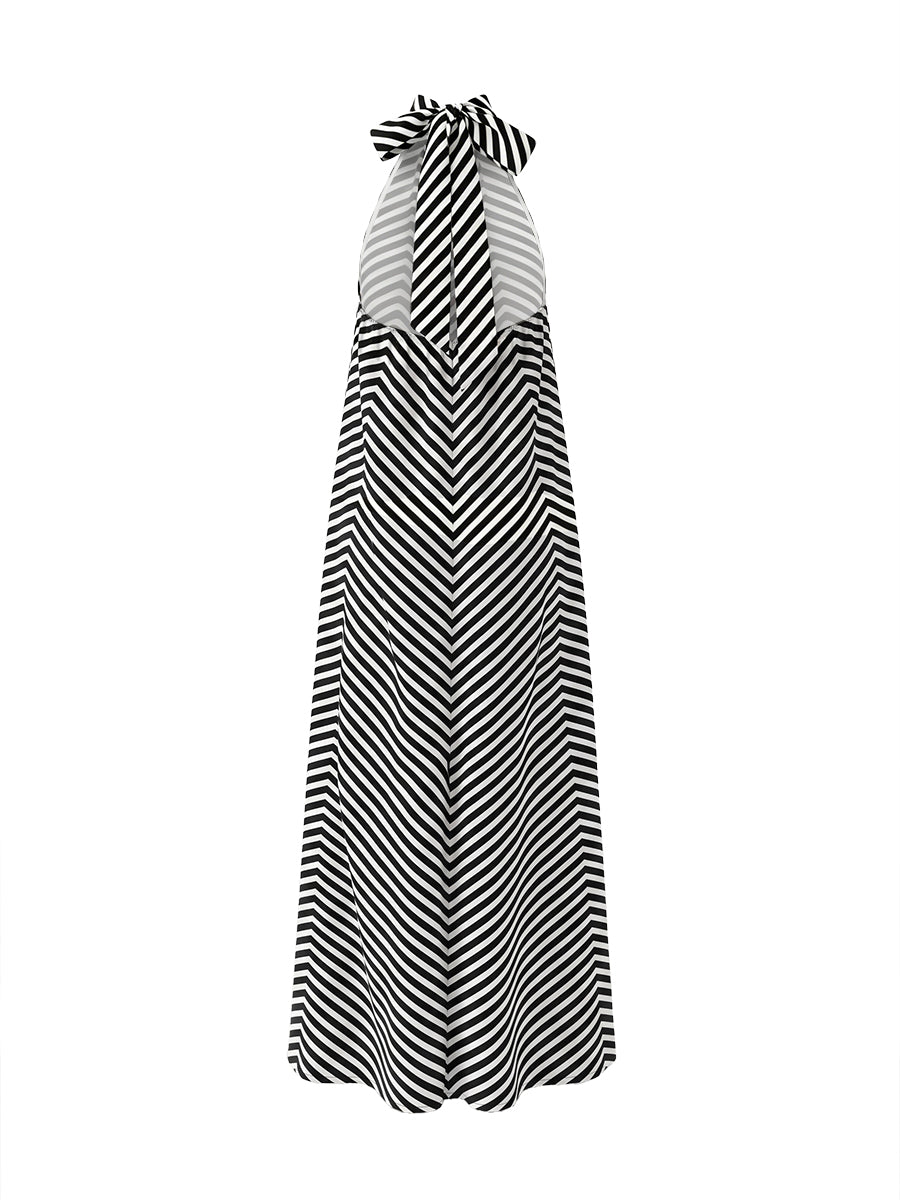 A-Line Loose Backless Contrast Color Elasticity Pockets Halter-Neck Maxi Dresses