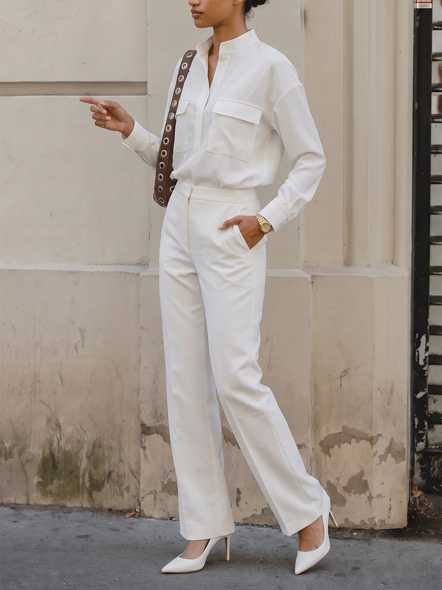 Solid Color Long Sleeves Buttoned Stand Collar Blouses&shirts Tops + Pleated Pockets High Waisted Pants Trousers Two Pieces Set