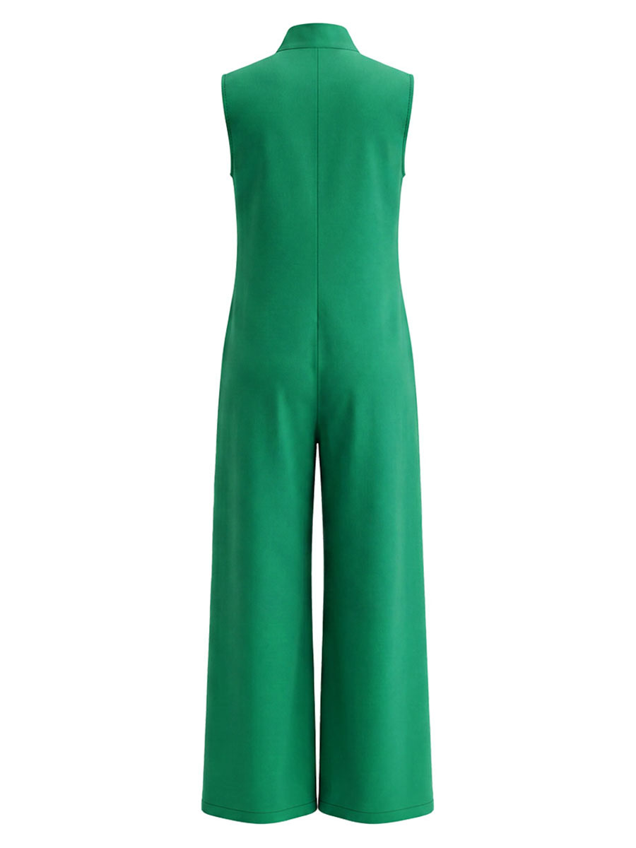 Solid Color Buttoned Wide Leg Sleeveless Stand Collar Jumpsuits