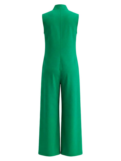 Solid Color Buttoned Wide Leg Sleeveless Stand Collar Jumpsuits