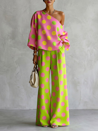 Long Sleeves Loose Asymmetric Polka-Dot One-Shoulder Blouses&Shirts Tops