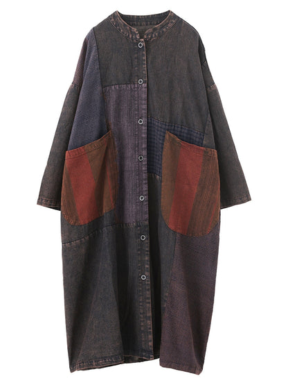Women Retro Autumn Spliced Stand Collar Cotton Coat