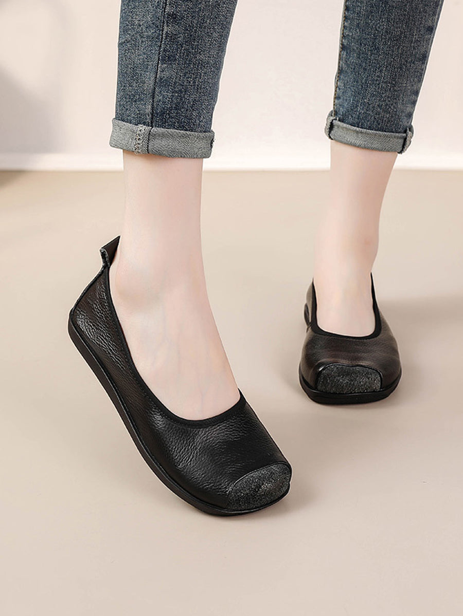 Women Autumn Genuine Leather Sqaure Collar Flat Shoes