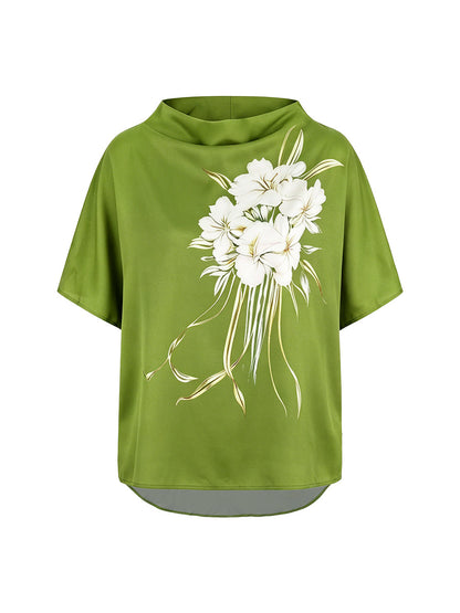 Half Sleeves High-Low Contrast Color Floral Printed High Neck Blouses&Shirts Tops