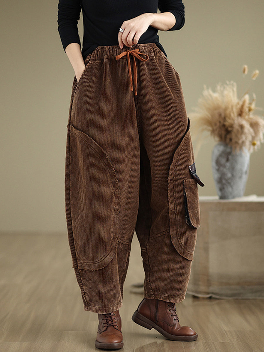 Women Autumn Retro Pure Color Corduroy Harem Pants