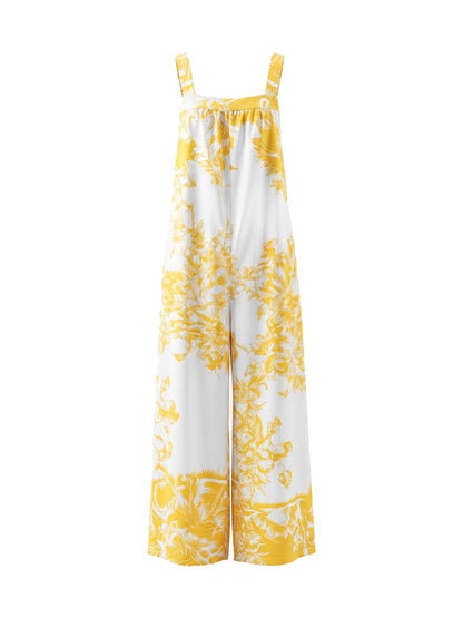 Loose Sleeveless Flower Print Pleated Pockets Spaghetti-Neck Jumpsuits