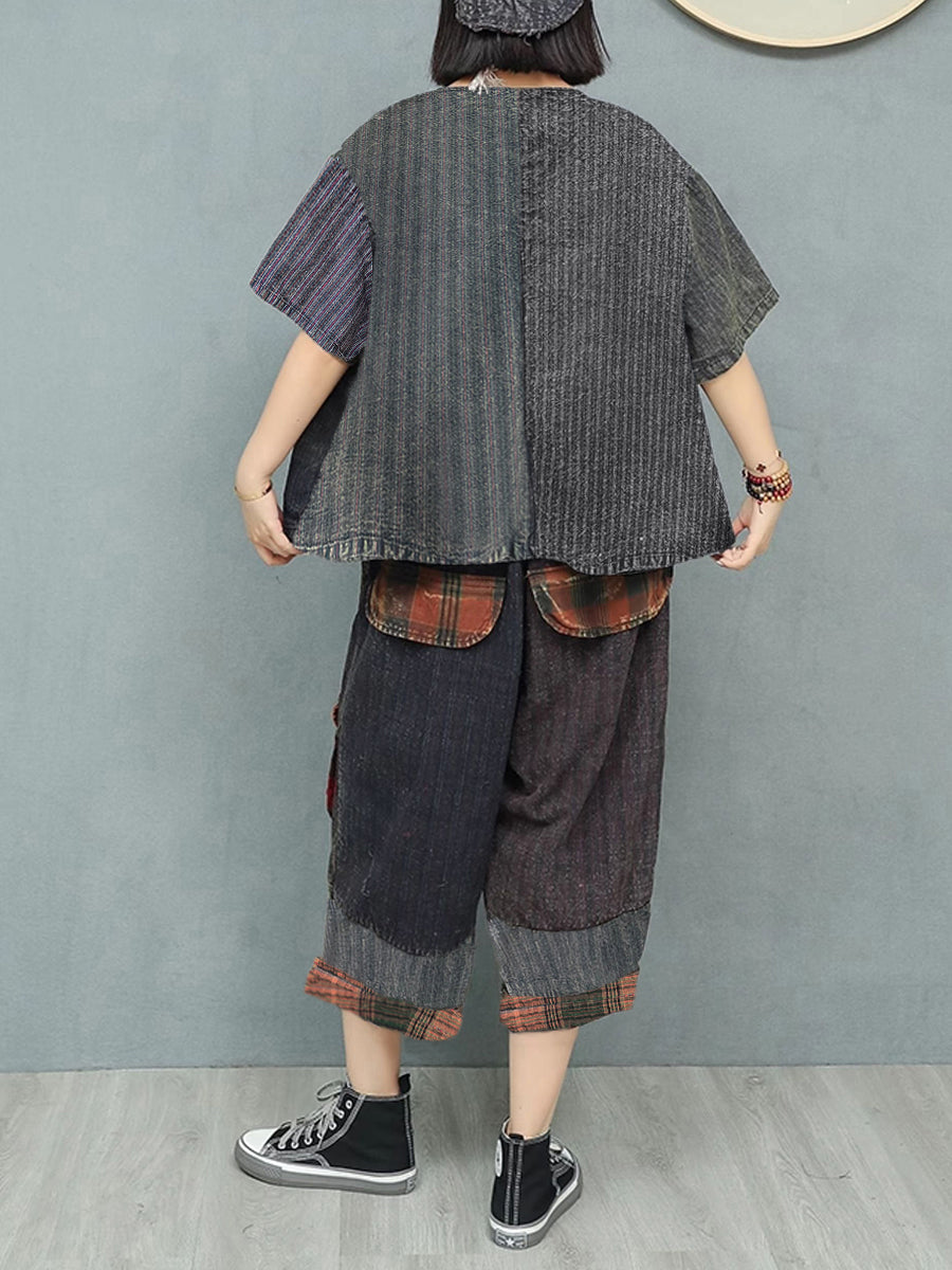 Plus Size Women Summer Vintage Patchwork Loose Suits