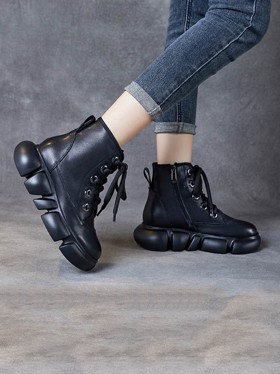 Women Winter Pure Color Leather Platform Martin Boots